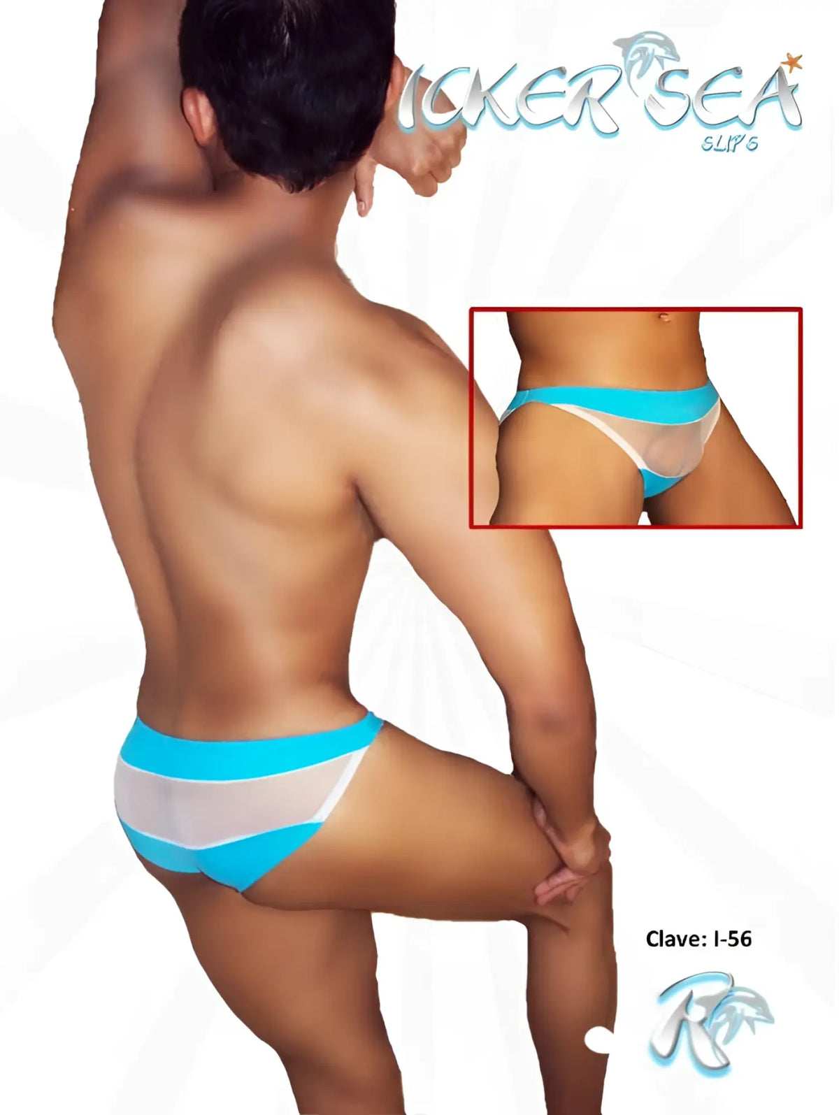 Icker sea turquoise and white mesh slip bikini underwear with bold horizontal stripe design