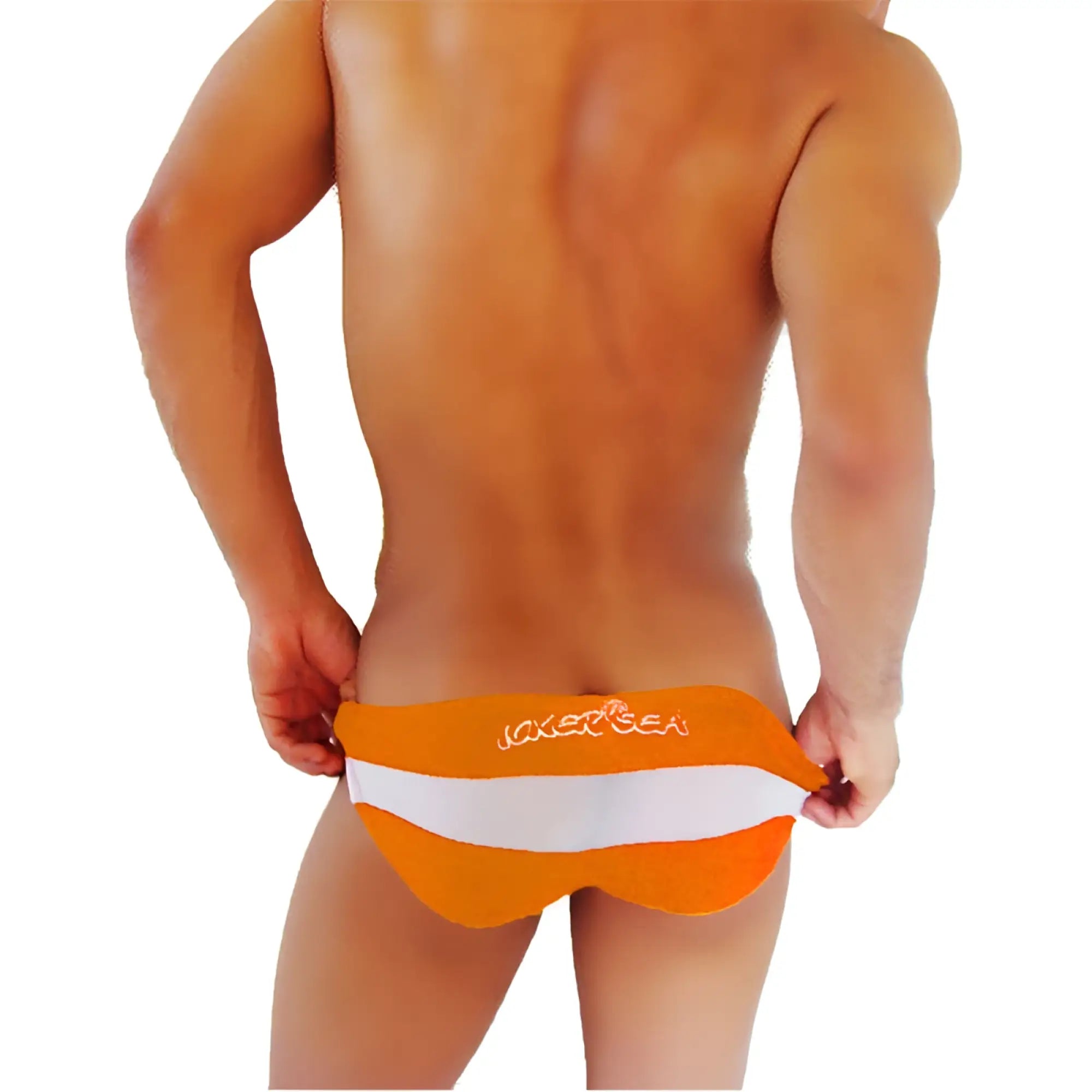Orange and white striped men’s swim trunks with joker sea embroidered on waistband from icker sea transparent panel slip bikini underwear collection