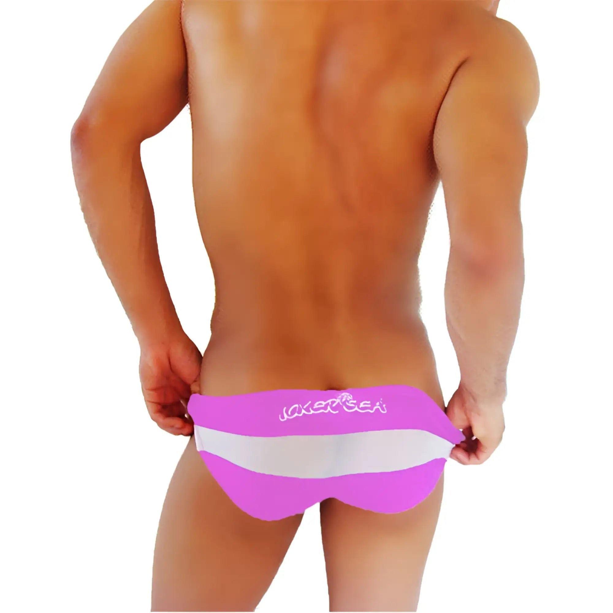 Bright pink and white striped men’s swim trunks with jaker sea logo in icker sea transparent panel slip bikini underwear pink coi-16-22