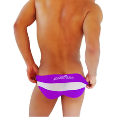 Purple and white striped men’s swim trunks with jack and sea logo for swim and beachwear in icker sea collection