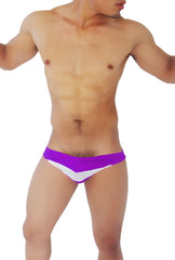 Icker Sea transparent panel slip bikini underwear in purple with white bold angular design swim trunks style