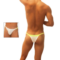 Icker Sea trapezoid thong underwear white with bright yellow waistband and subtle green text along the edge