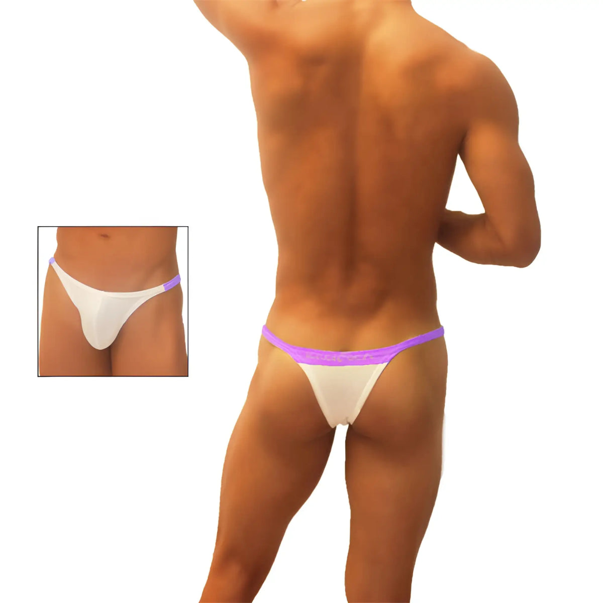 Icker Sea trapezoid thong underwear white with vibrant purple elastic waistband for comfortable wear