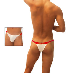 Icker Sea trapezoid thong underwear in white with red trim and gold lettering shown from the back side