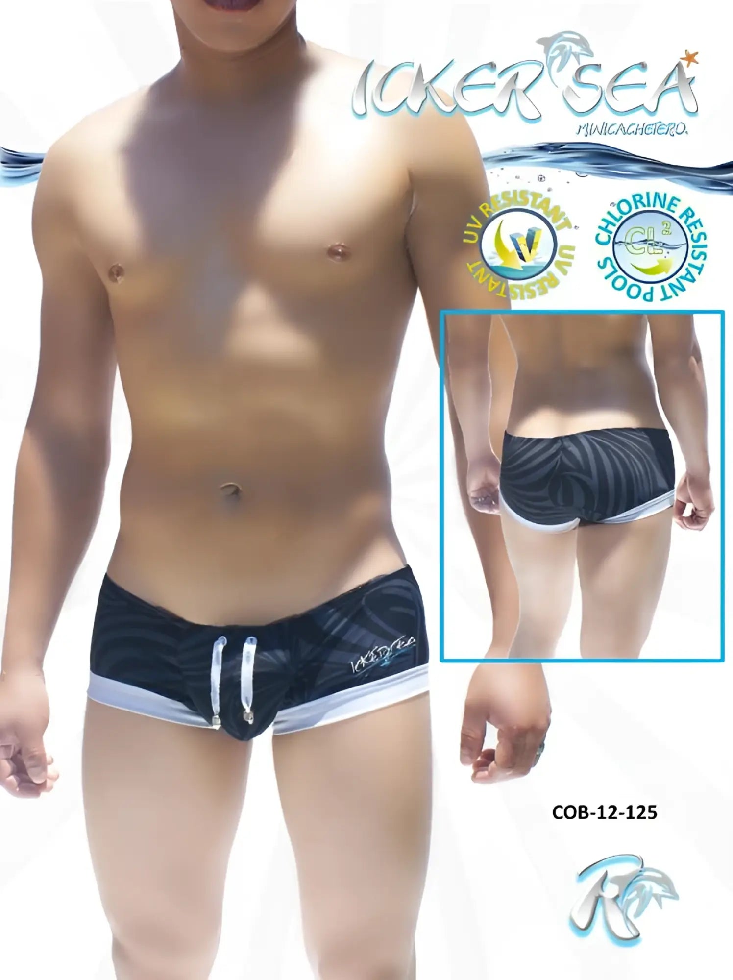 Icker Sea tropical Mini low square cut trunk swimwear in black with white stripes featuring a sleek modern design