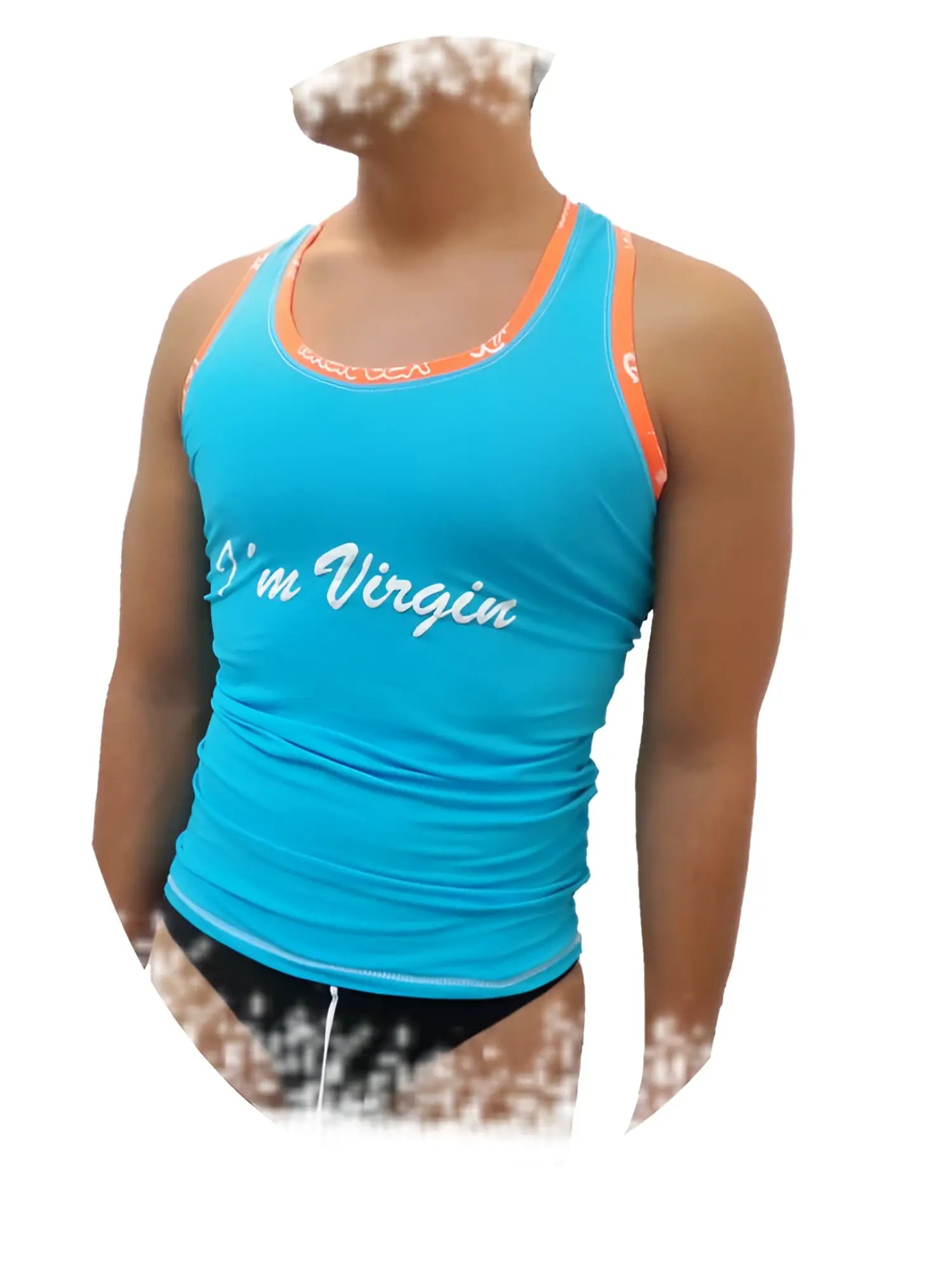 Içker sea virgin tank top blue with orange trim featuring white cursive text on front made of soft fabric