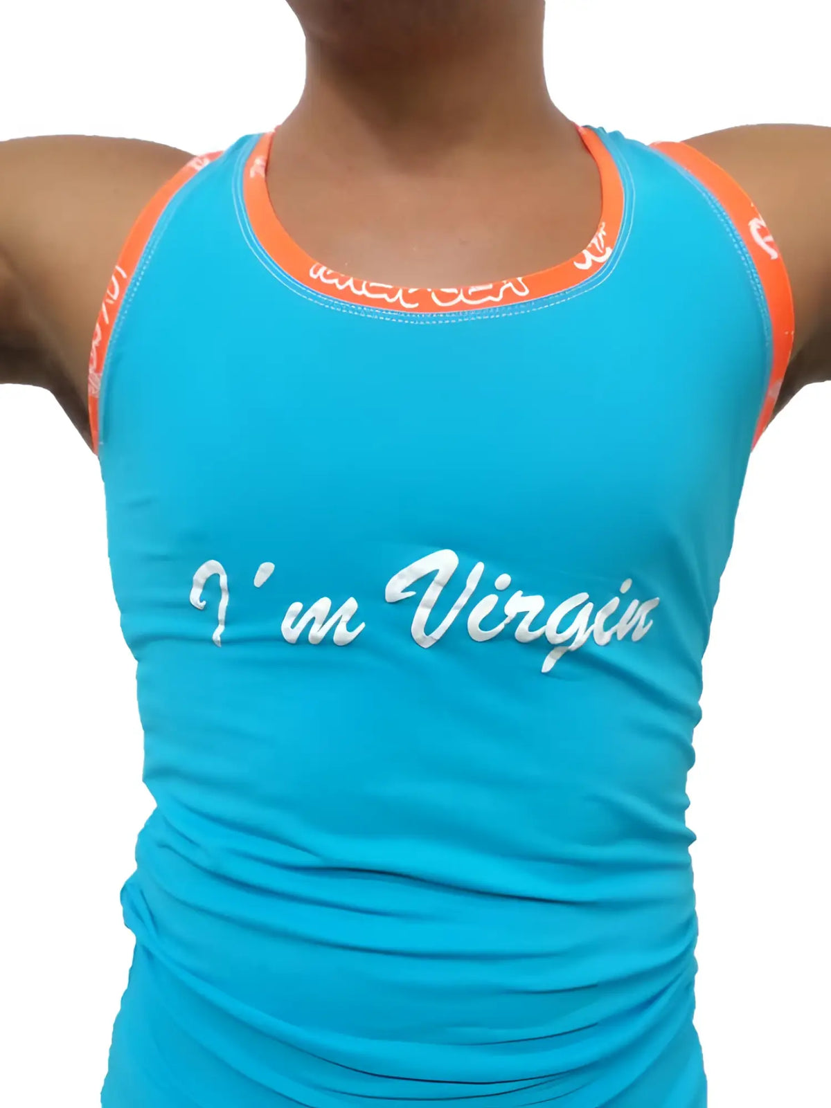 Bright turquoise icker sea virgin tank top with orange trim and white cursive i’m virgin text on chest
