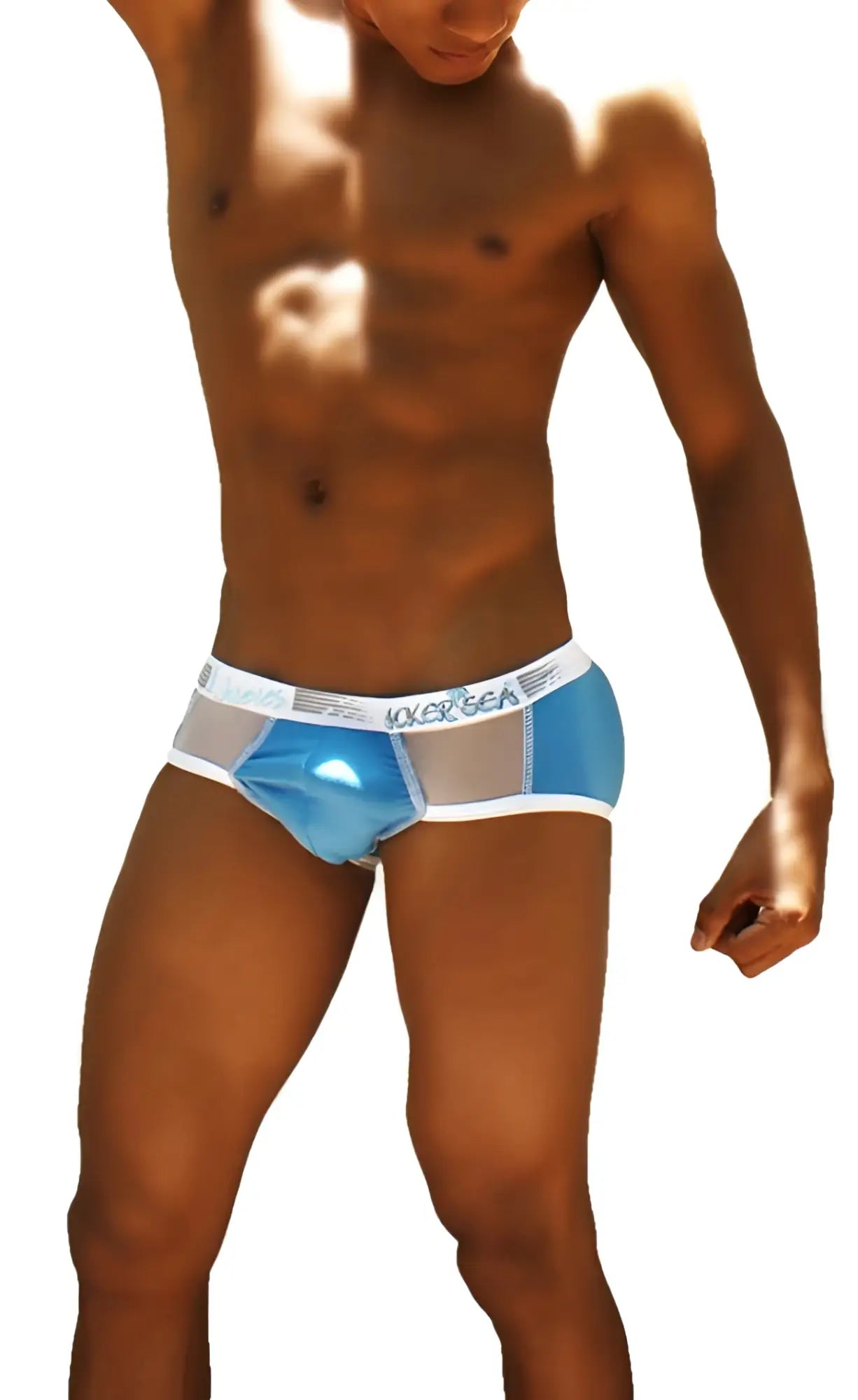 Icker Sea Weekly Contrast Panel Brief underwear in blue and white with a shiny translucent blue front panel