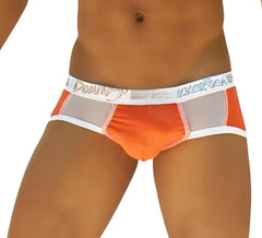Orange and gray athletic briefs with white waistband featuring domino’s brand name in gold lettering wk-13-07