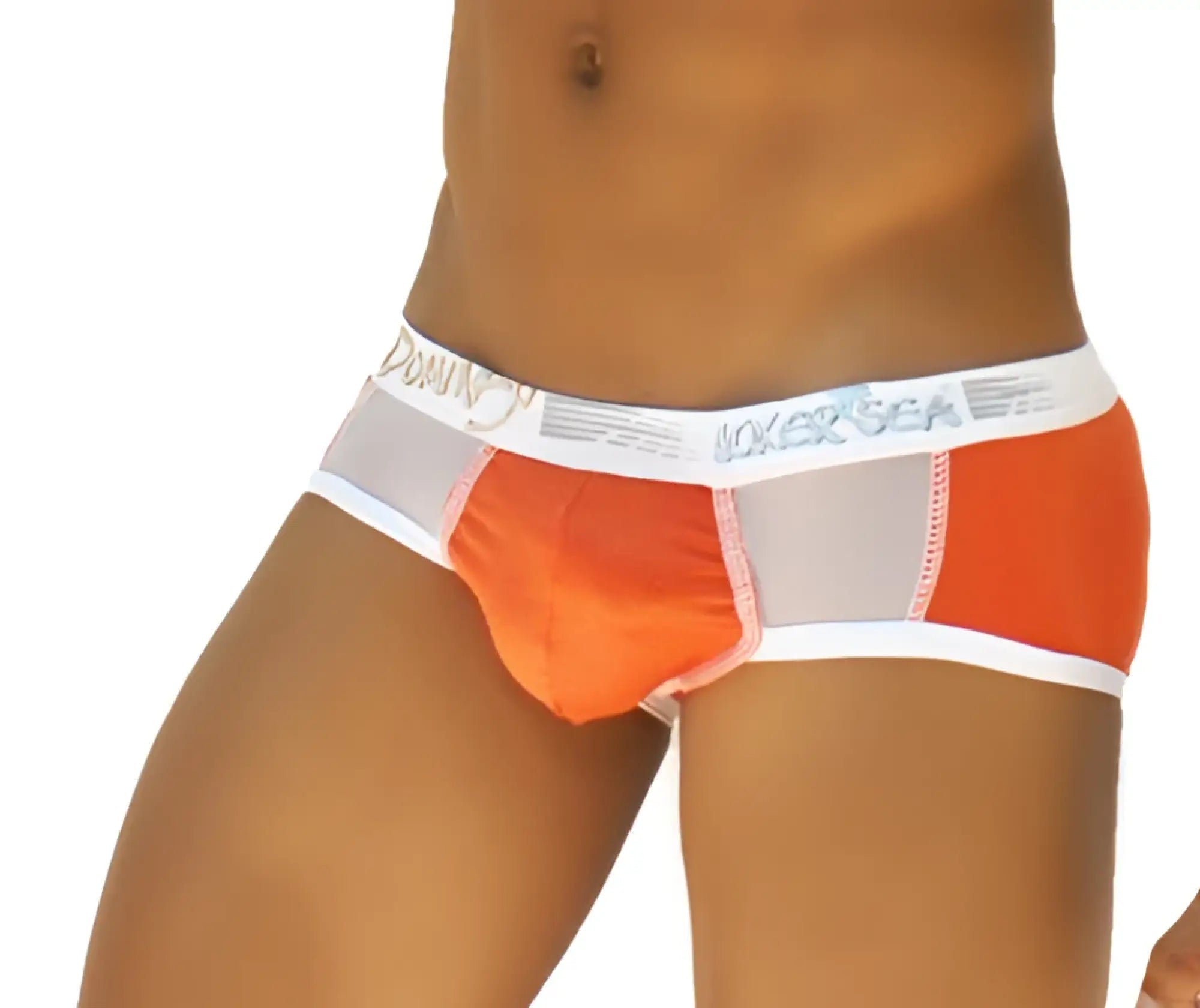 Orange and gray athletic briefs with white trim and branded waistband by icker sea weekly contrast panel brief underwear