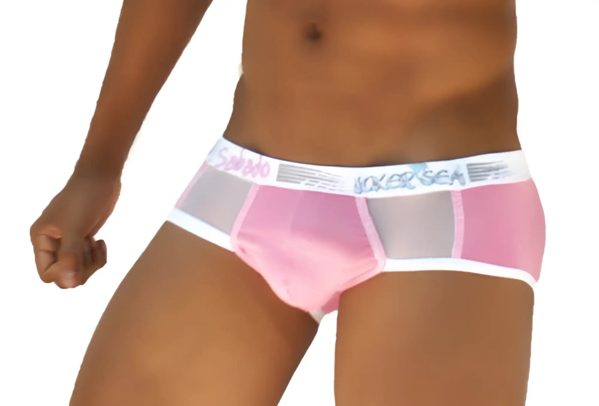 Pink and gray mesh briefs with a white elastic waistband featuring the vokes sea brand name from icker sea brief line