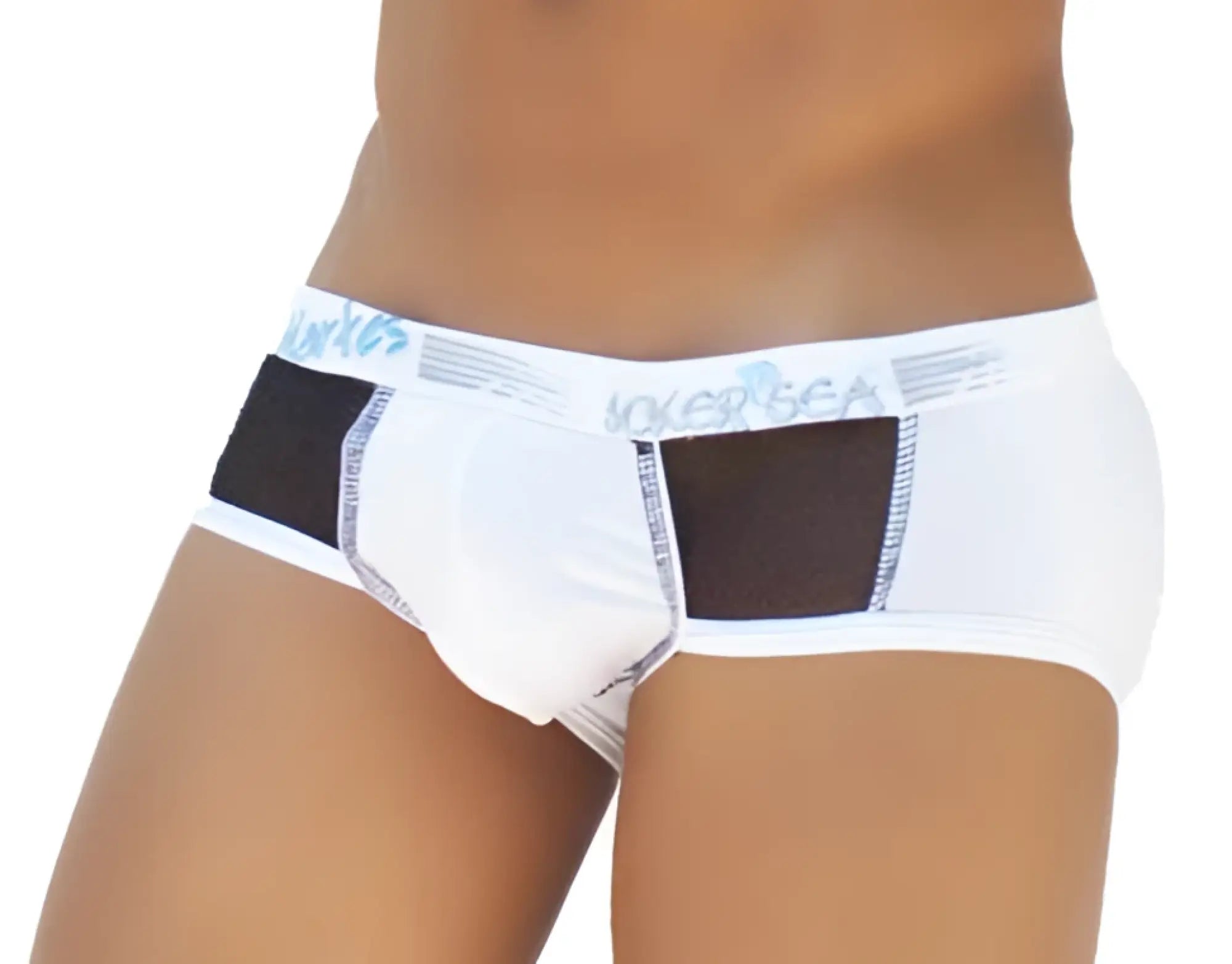 White men’s briefs with black mesh panels and a light blue icker sea logo on the waistband white black wk-13-02