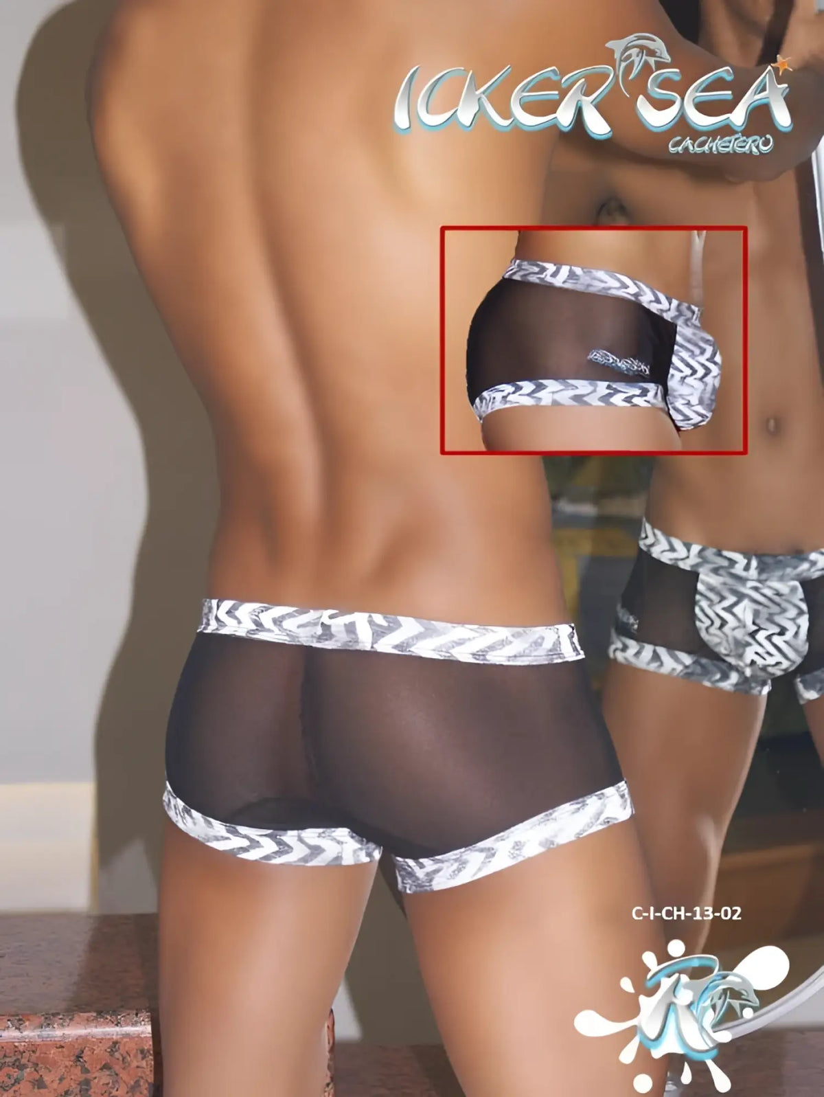 Black sheer icker sea zebra mesh boxer brief underwear with white zigzag trim and small side logo front view