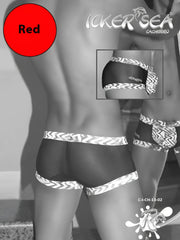 Icker sea zebra mesh boxer brief underwear in red with red patterned swim trunks and zebra print trim design