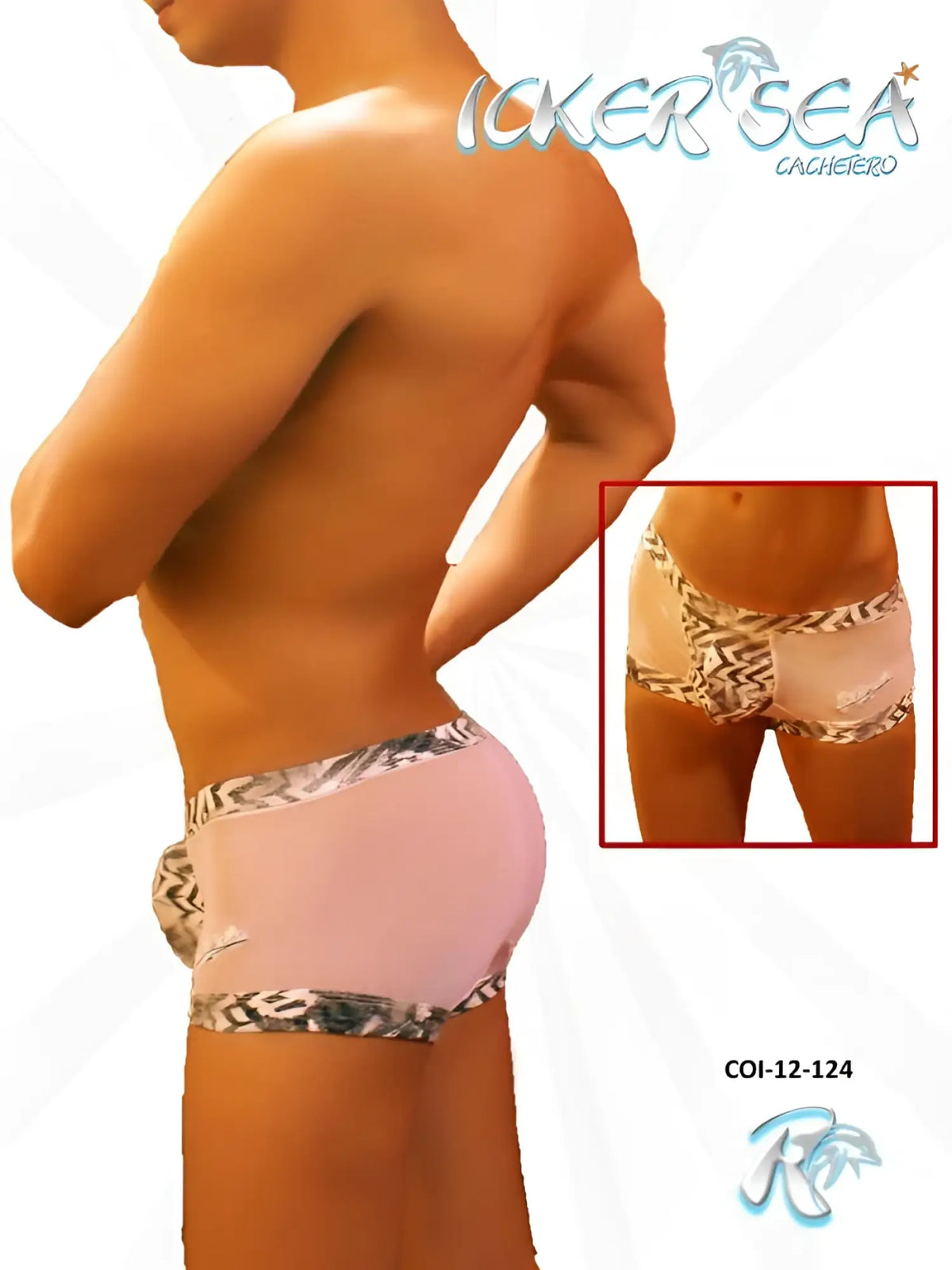 Pink icker sea zebra mesh boxer brief underwear with black and white geometric waistband and leg openings