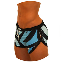 Icker sea zebra open side suspender scalloped swim shorts in blue with black zebra stripes and black elastic waistband