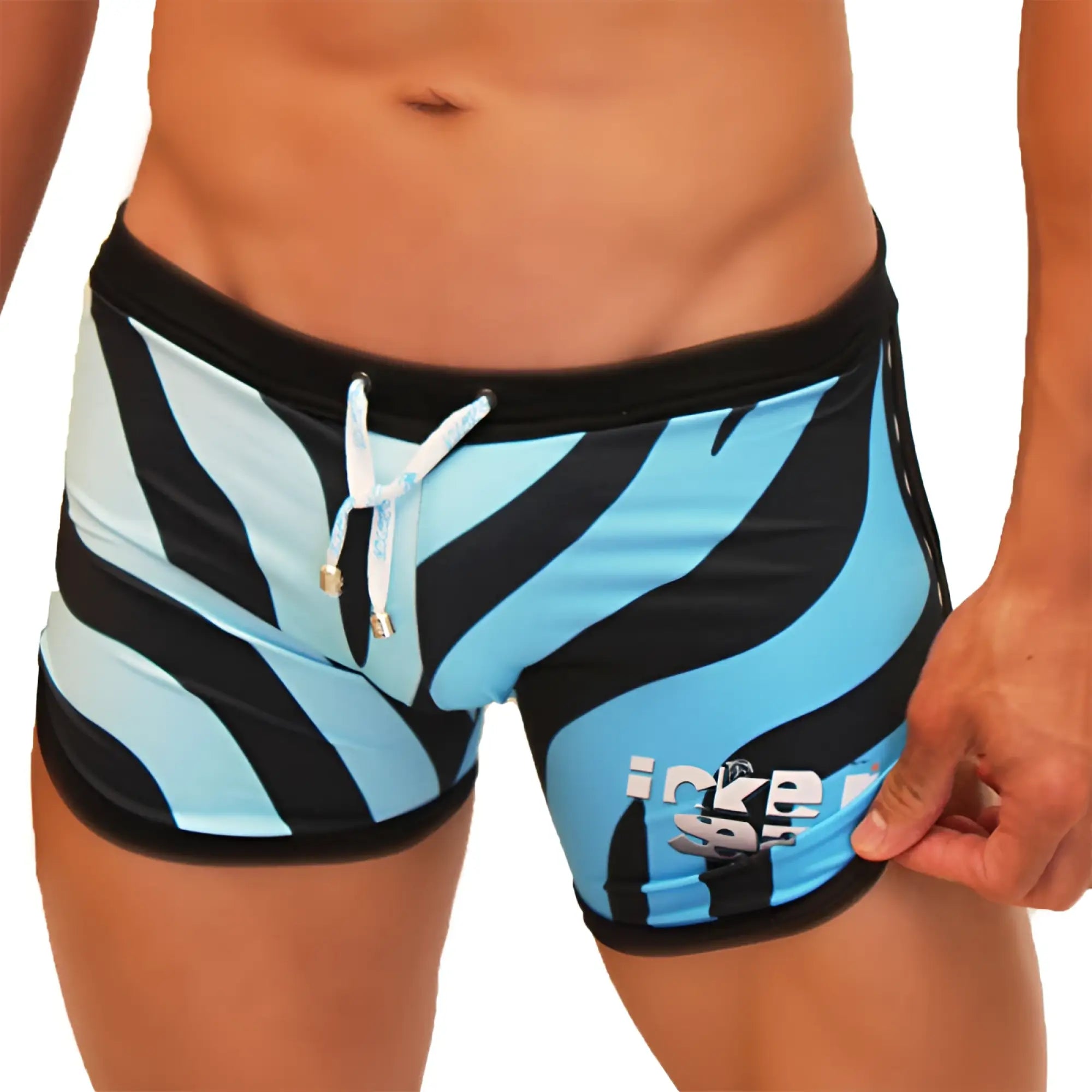 Icker Sea Zebra open side suspender scalloped swim shorts in blue black zebra stripes with white drawstring and gold aglets