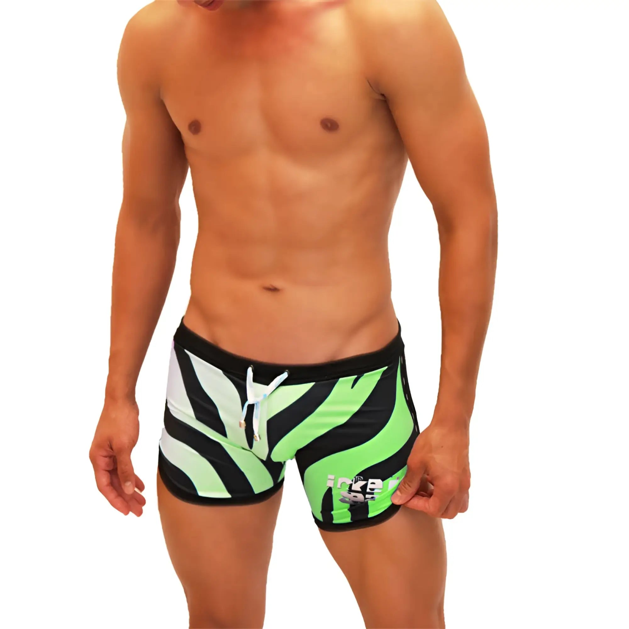 Vibrant neon green and black zebra-striped icker sea zebra open side suspender scalloped swim trunks with white drawstring