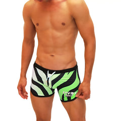 Vibrant neon green and black zebra-striped icker sea zebra open side suspender scalloped swim trunks with white drawstring