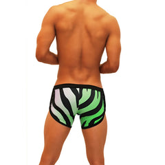 Icker Sea zebra open side suspender scalloped shorts swimwear in green with black zebra stripes and a sleek fit design
