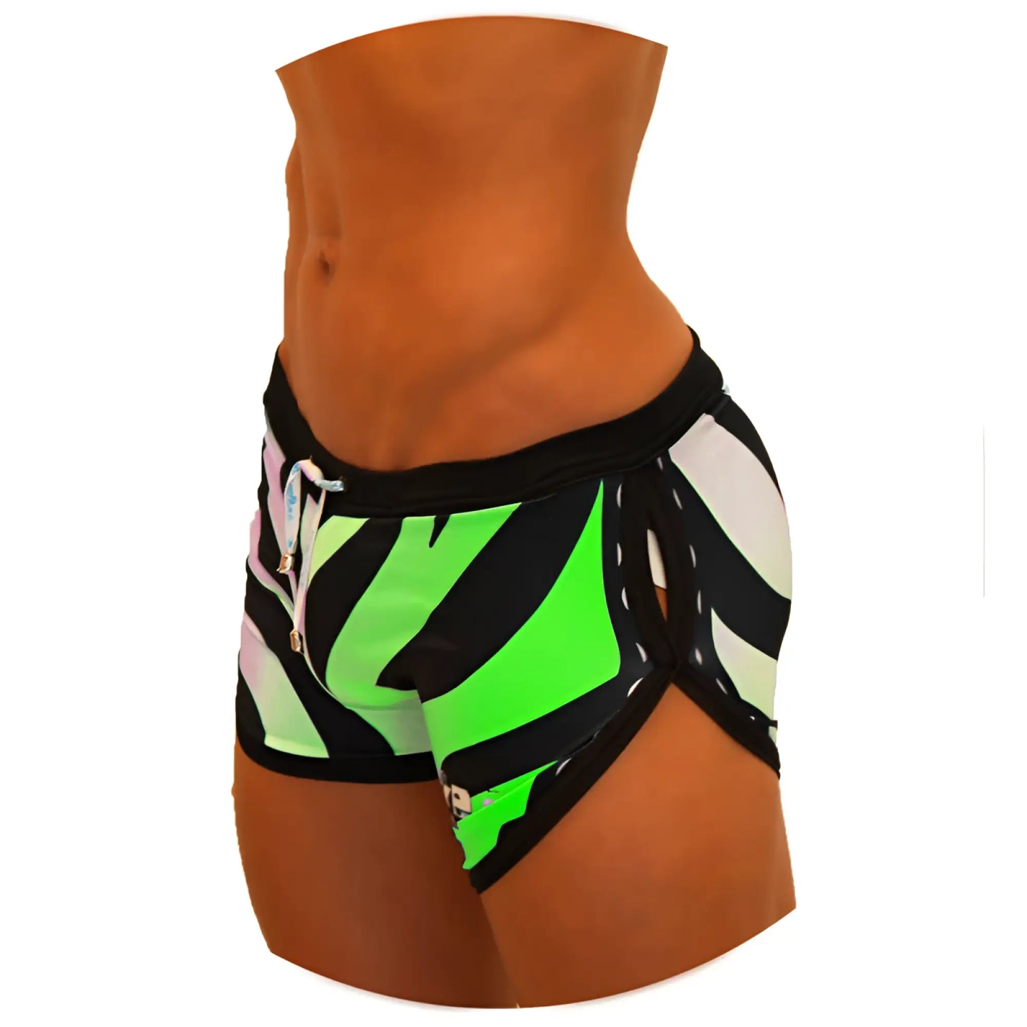 Icker Sea zebra open side suspender scalloped shorts swimwear in vibrant neon green and black zebra stripes with pink accents