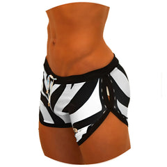 Icker Sea zebra open side suspender scalloped shorts swimwear in black and white zebra stripes with black waistband
