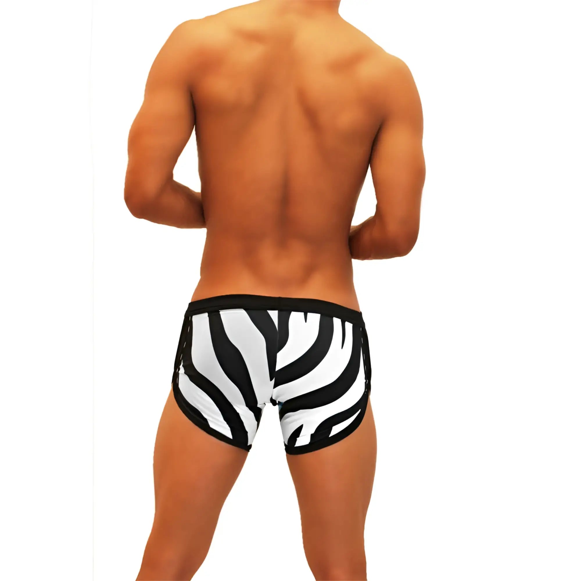 Icker Sea zebra open side suspender scalloped shorts swimwear in black and white zebra stripe with a sleek fitted design