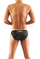 Black swim trunks with textured scale pattern and joker & sea logo embroidered on waistband from icker sea zebra silk slip bikini underwear coi-16-09
