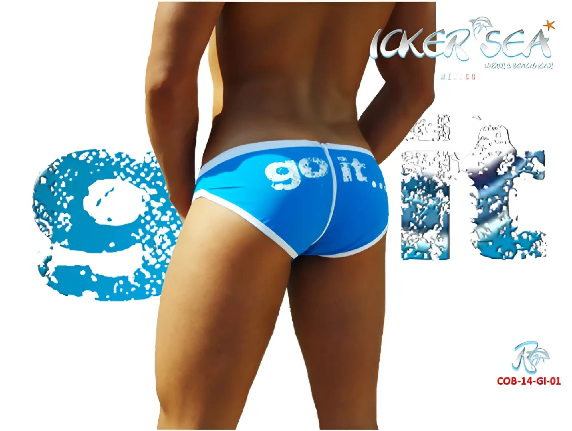 Blue icker sea zipper back pas slip bikini swimwear with white trim and go it print in white on swim trunks