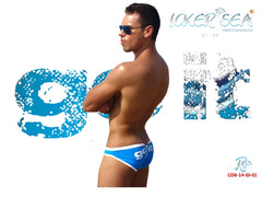 Icker Sea blue and white swim trunks with go fit print front zipper back slip bikini swimwear cob-14-gi01