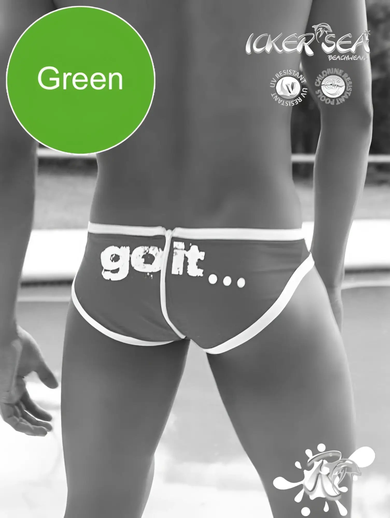 Green icker sea zipper back pas slip bikini swimwear featuring green swim trunks with white trim and go it print