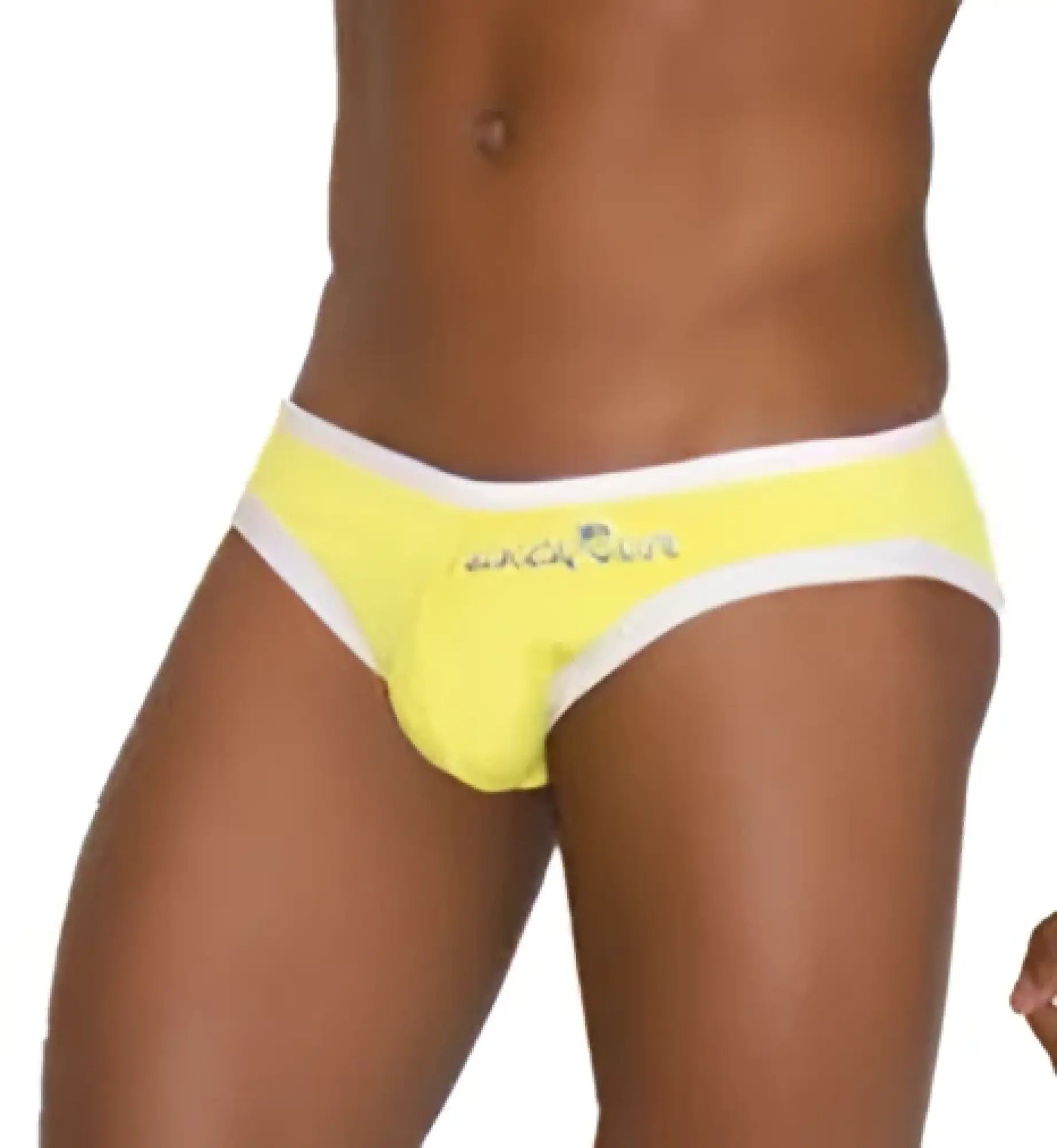 Bright yellow icker sea zipper back pas slip bikini swimwear with white trim and subtle waistband logo shown from back