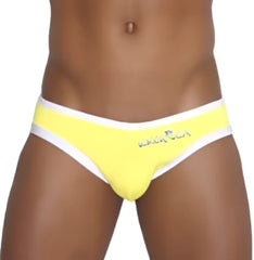 Bright yellow icker sea zipper back pas slip bikini swimwear with white trim and subtle front logo in mango color