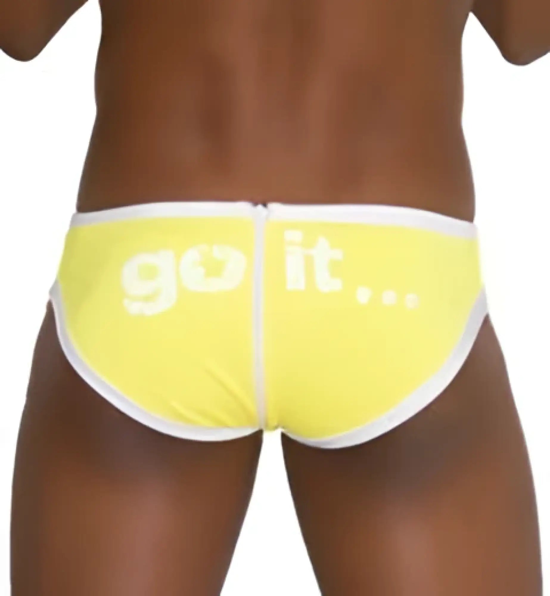 Bright yellow icker sea zipper back pas slip bikini swimwear briefs with white trim and bold go it lettering front