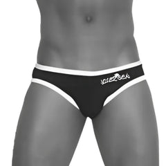 Black and white striped briefs with logo waistband showing back side for icker sea zipper back pas slip bikini swimwear pink cob 13 21