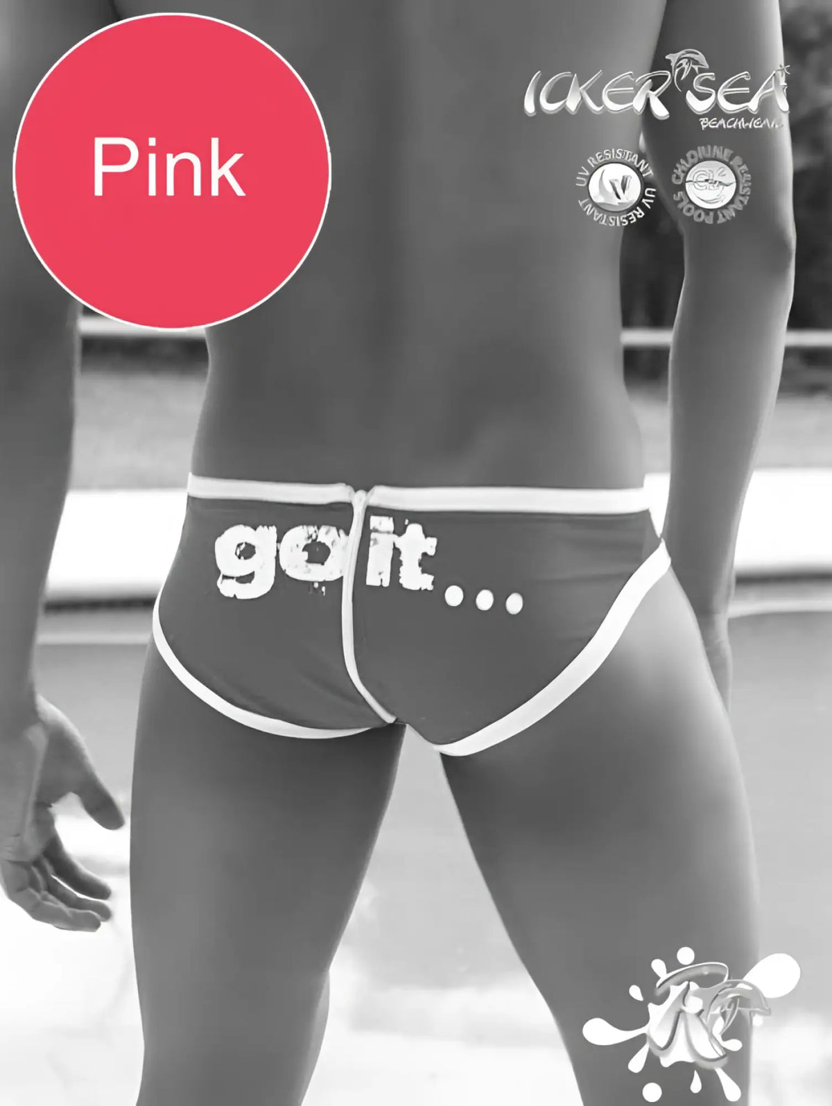 Pink icker sea zipper back pas slip bikini swimwear with white trim and distressed go it print on pink swim trunks back
