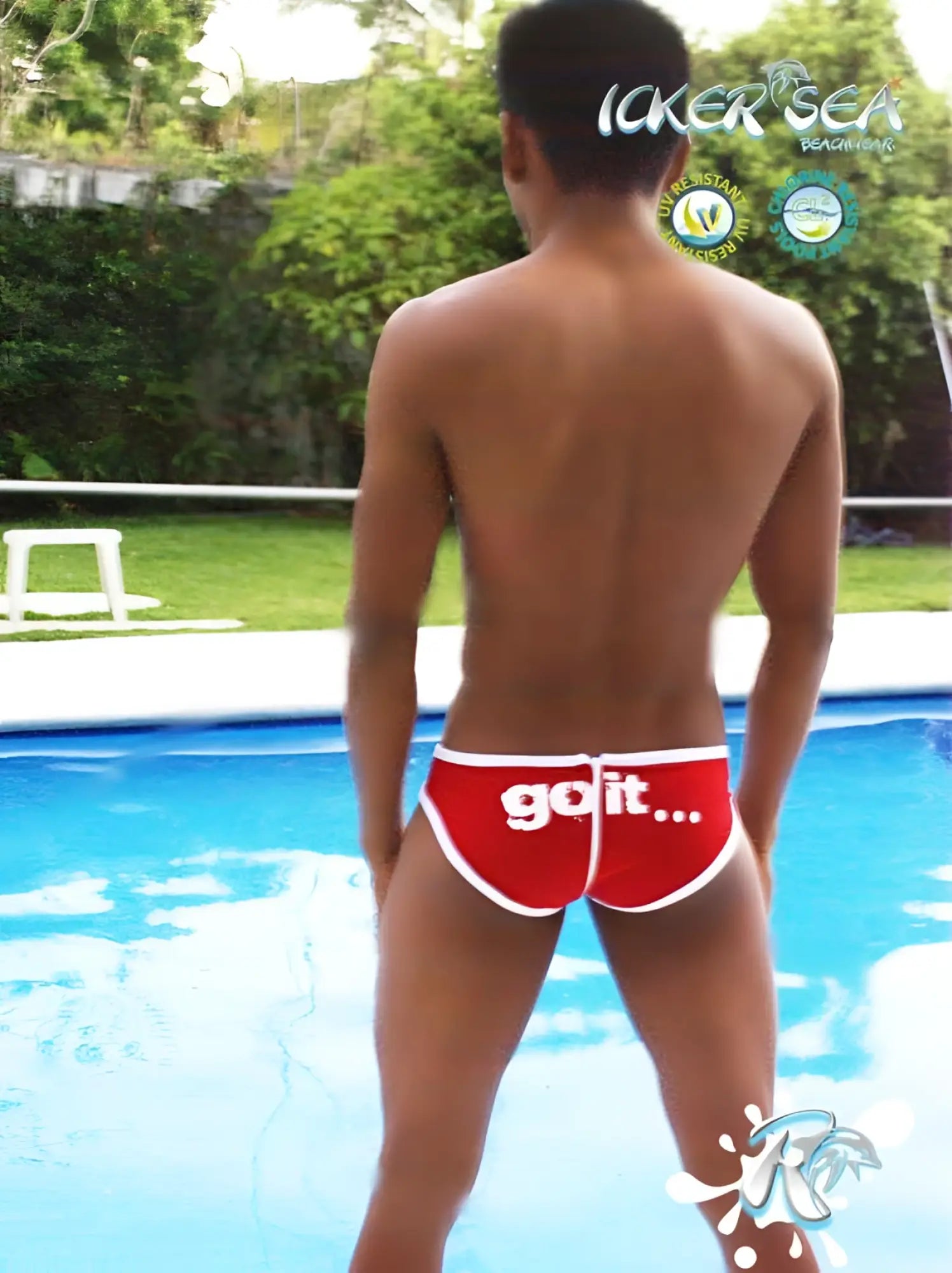 Back side of icker sea zipper back pas slip bikini swimwear red swim trunks with white trim and go it print