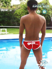 Back side of icker sea zipper back pas slip bikini swimwear red swim trunks with white trim and go it print