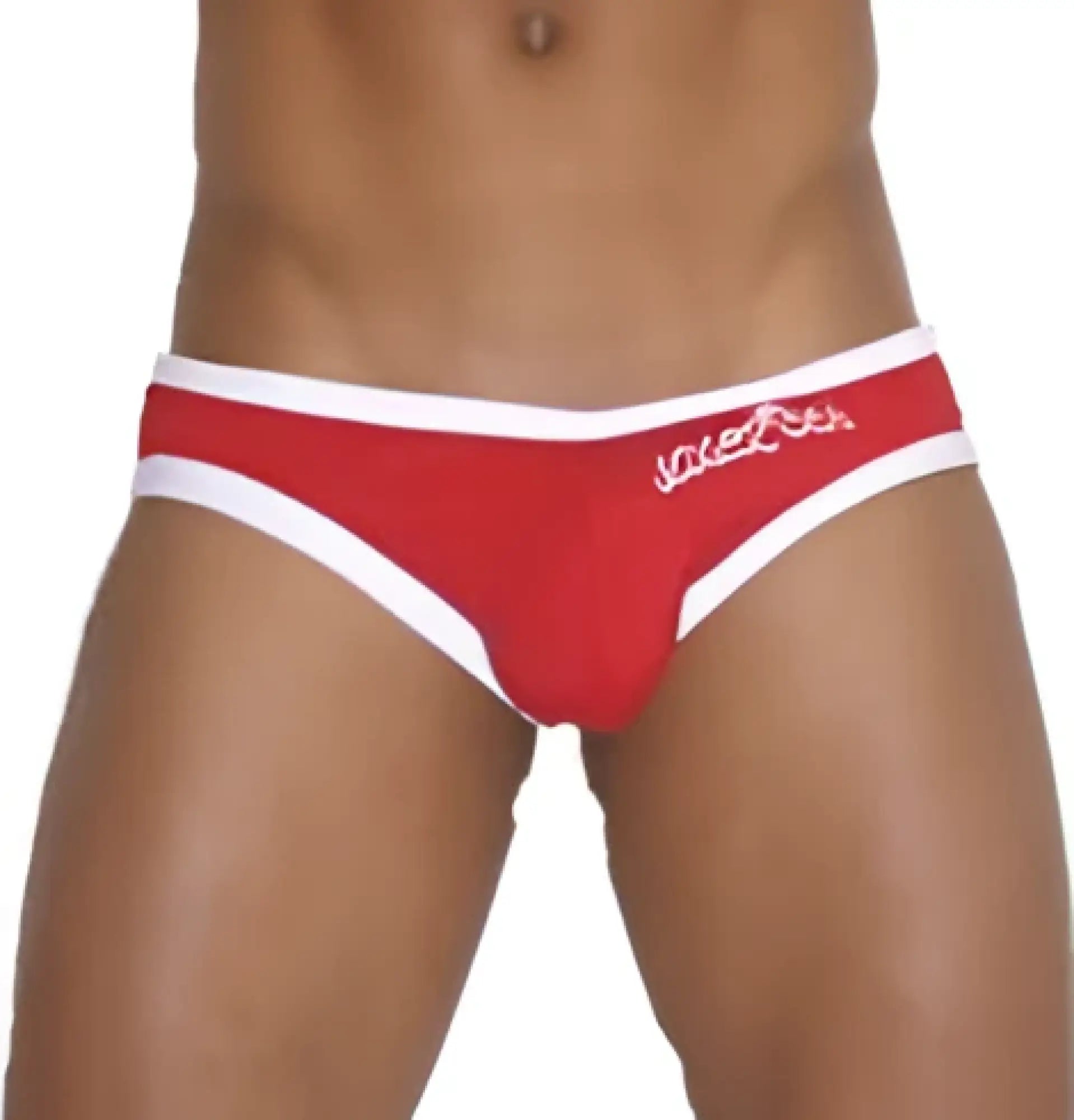 Red and white men’s zipper back briefs with subtle logo on waistband for bikini swimwear by icker sea