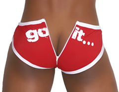 Red and white go it slogan zipper back pas slip bikini briefs by icker sea in vibrant red for swimwear use