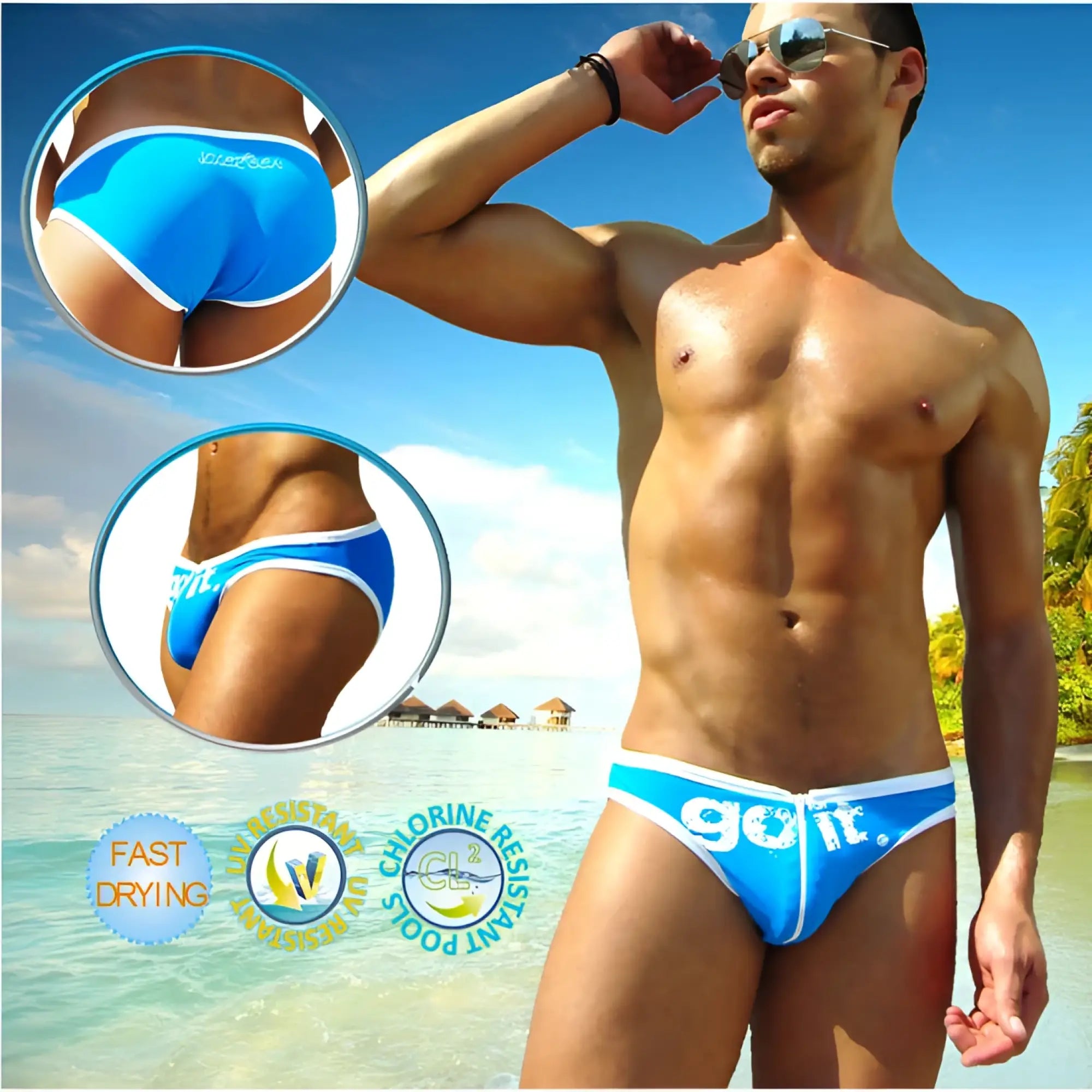 Bright blue icker sea zipper front act slip bikini swimwear with white trim and go it logo on the front