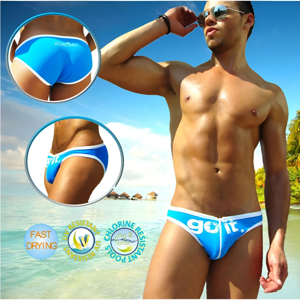 Bright blue icker sea zipper front act slip bikini swimwear with white trim and go it logo on the front