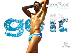 Icker Sea zipper front act slip bikini swimwear in blue with white sleek modern design swim trunks