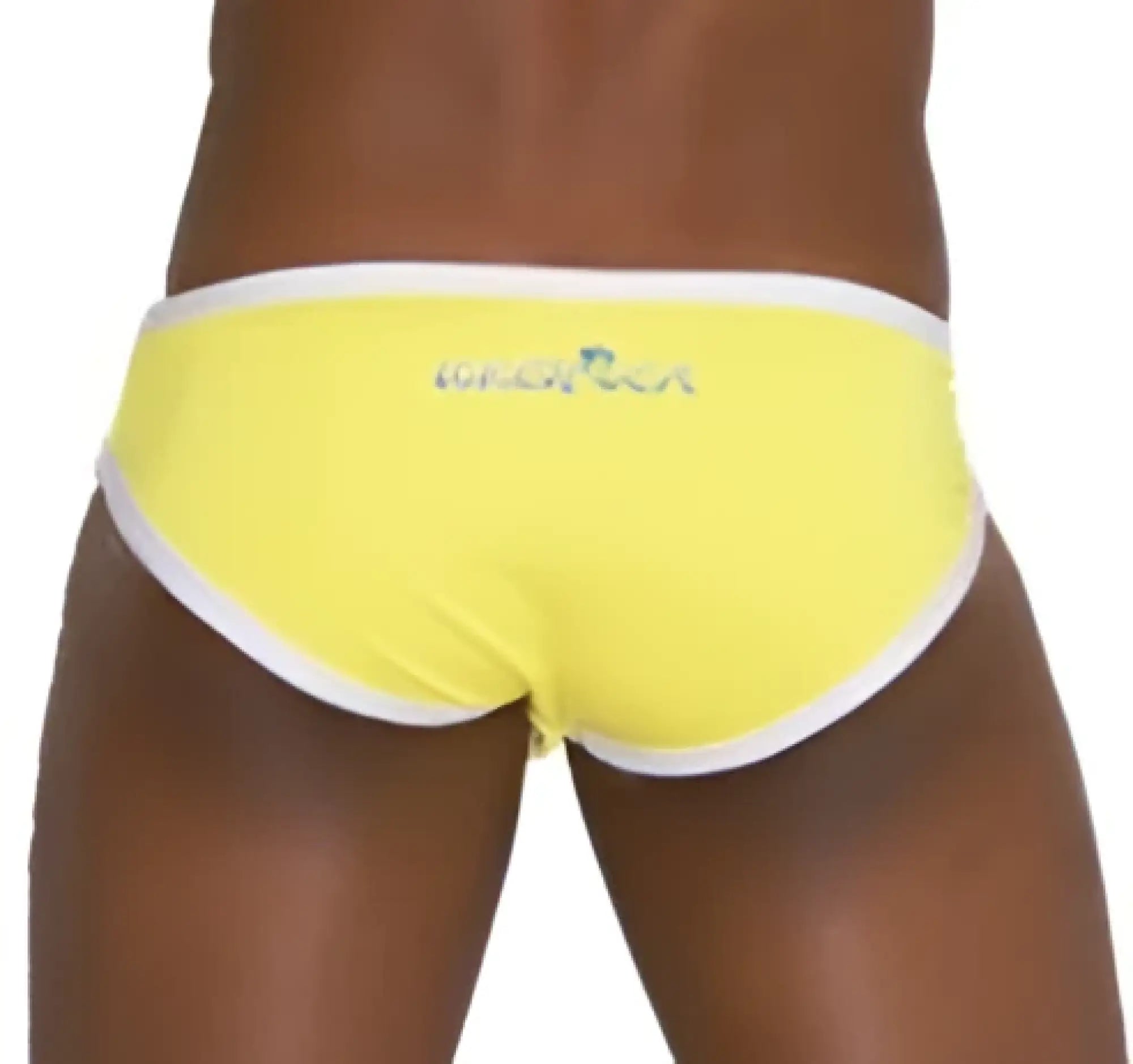 Bright yellow icker sea zipper front act slip bikini swimwear with white trim and logo on waistband for swimming