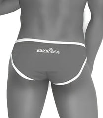 Gray briefs with white trim and subtle logo on waistband part of icker sea zipper front act slip bikini swimwear pink cob-13-22