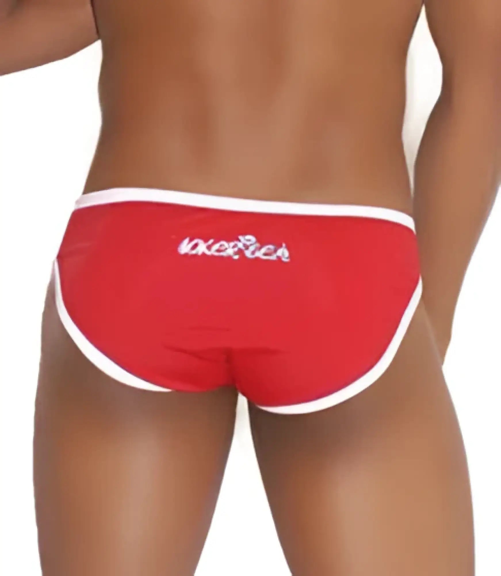 Red men’s swim trunks with white trim zipper front and subtle logo on waistband from icker sea act collection