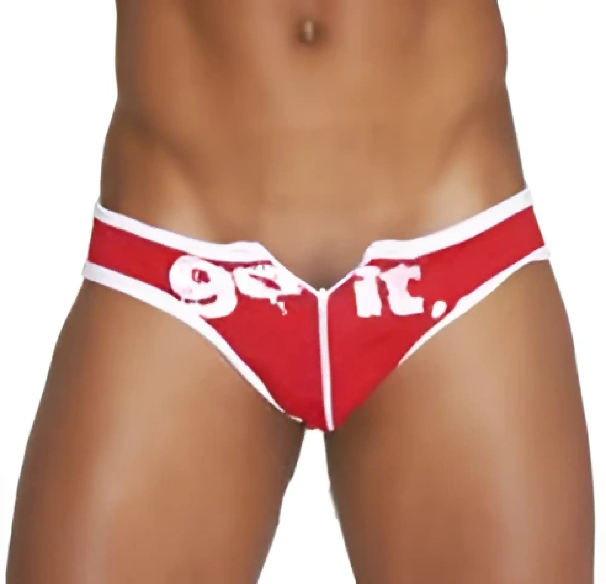 Red and white go it branded briefs with bold graphic design from icker sea zipper front act slip bikini swimwear red cob 13 19