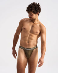 Olive green teammb brand sports brief with white logo waistband featuring comfortable t-back design