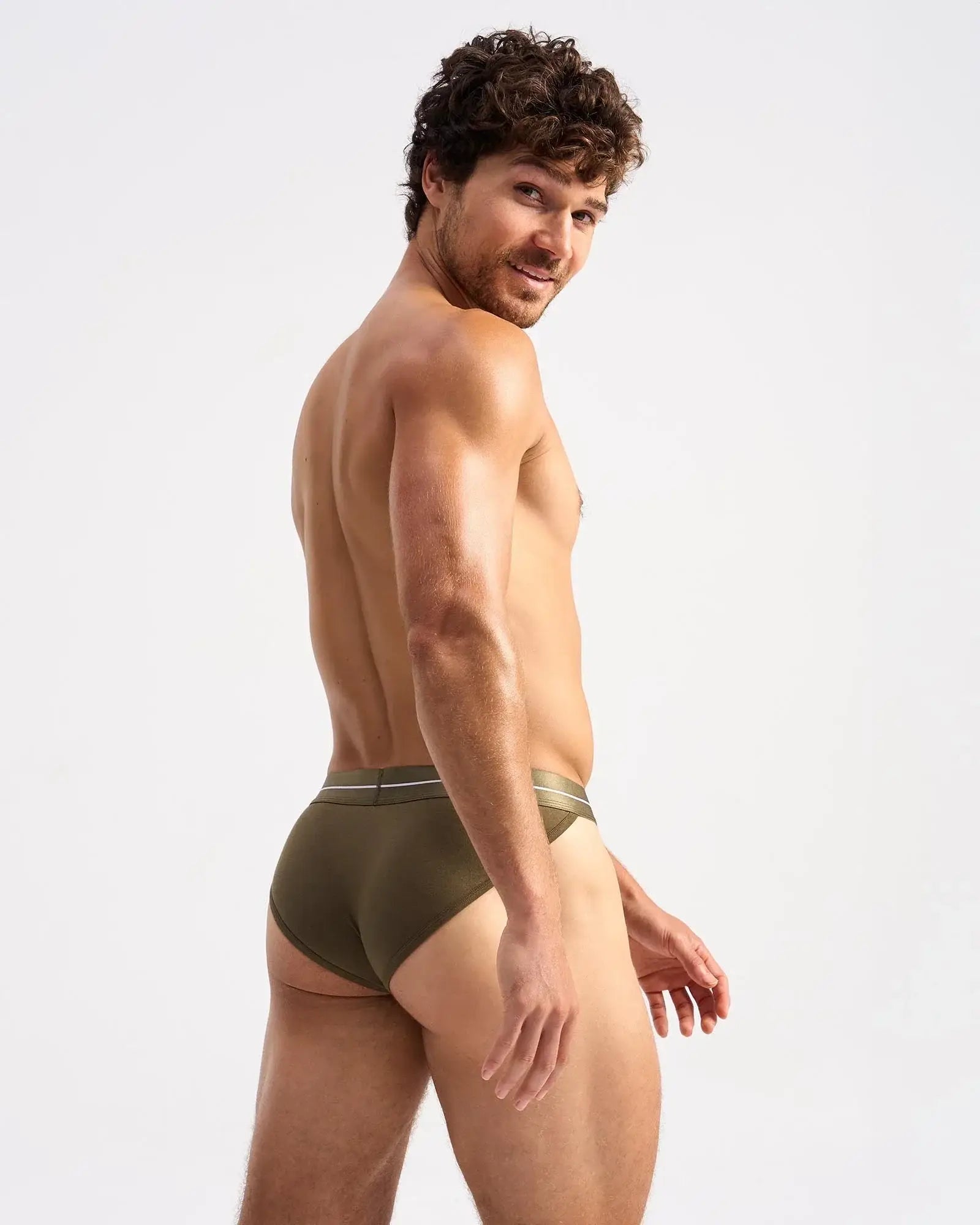 Olive green icon sports brief with subtle white stripe on waistband designed for activewear comfort