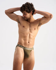 Olive green ICON SPORTS BRIEF briefs with white logo band and subtle side stripes designed for active wear